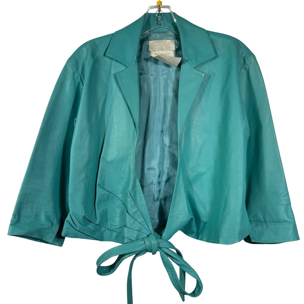 Badgley Mischka‎ Vintage Teal Leather Jacket Silk Lined Cropped Tie Waist Sz M/8